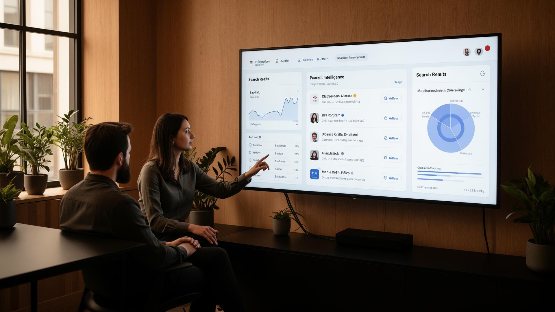 A brand team reviewing public market signals on a large display: search results, review snippets, and a radar chart